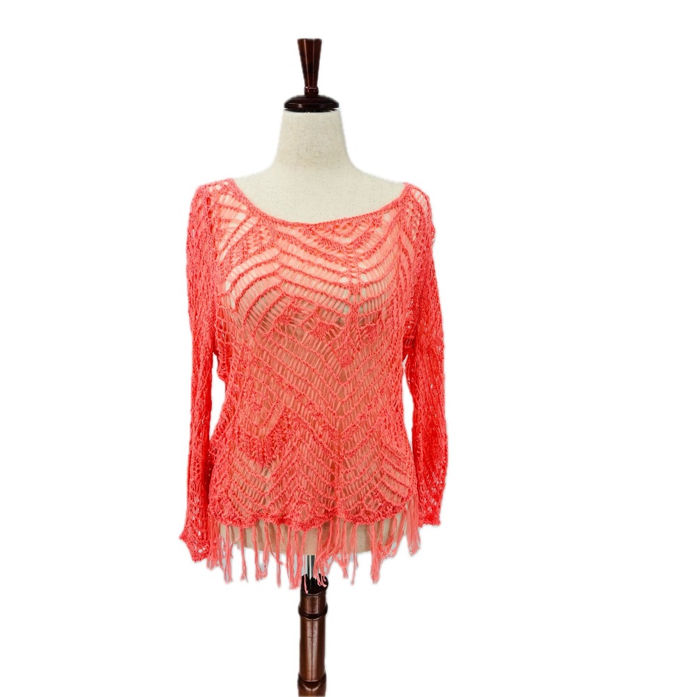 Xhilaration Orange Crochet Top Womens XL Bell Sleeve Tassel Hem Boho Sweater
